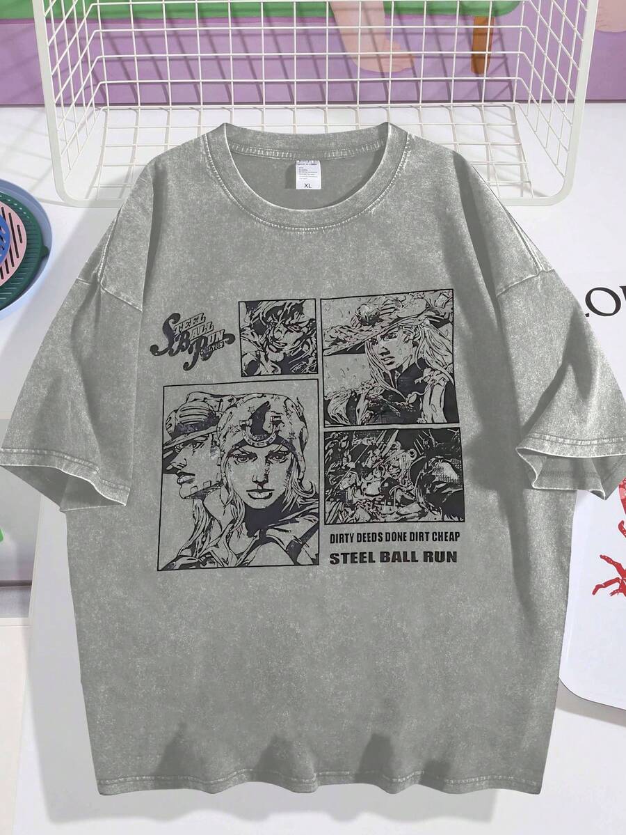 EWH Retro Vintage Men's T-Shirt, Joj's Wonderful Adventure, Manga Style Retro Short Sleeved TopDG004 - Xám - Xem 1