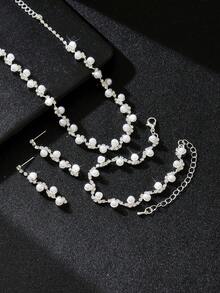 1pc Women's Pearl Necklace + 1 Pair Women's Pearl Earrings + 1pc Women's Pearl Bracelet, 4pcs Women's Fashion Pearl Jewelry Set, Suitable For Daily Wear, Wedding Dress, Music Festival, National Day, Halloween And Other Celebration Occasions - Gold - View 9