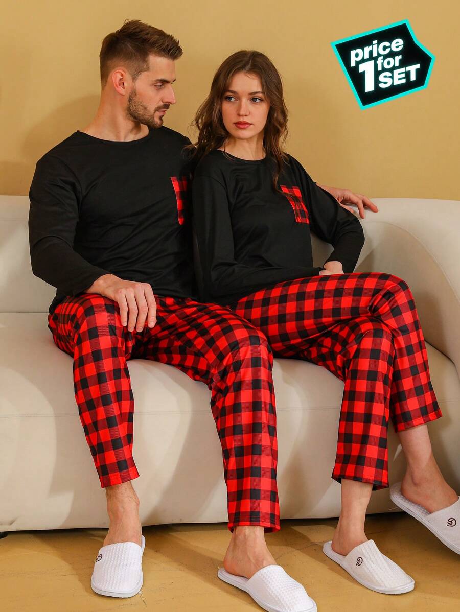 2pcs Men's Sleepwear Set, Long Sleeve Top And Long Pants, Round Neck Plaid Minimalist Couple Pajamas, Suitable For All Seasons, Fall Clothes
