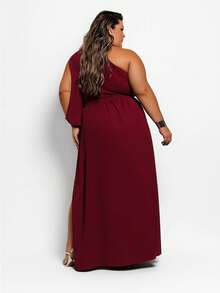 Women's Plus Size Long Dress With Single Sleeves And Slit And Delicate Belt - Redwood - View 3