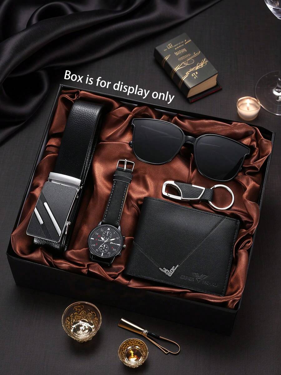 5-Piece Classic Simple Business Personalized Men's Gift Set, Including A Quartz Watch, Wallet, Belt, Sunglasses And Key Chain, Ideal Gift For Father's Day, Holidays, Birthdays, Boyfriends