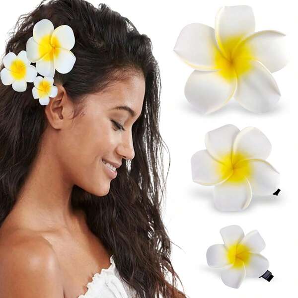 2pcs Realistic Fried Plumeria Hair Clips, Seaside Style Ethereal Hair Accessory, High-End Clothing Decorations, Summer Sweet Floral Hair Clips For Bangs And Sides