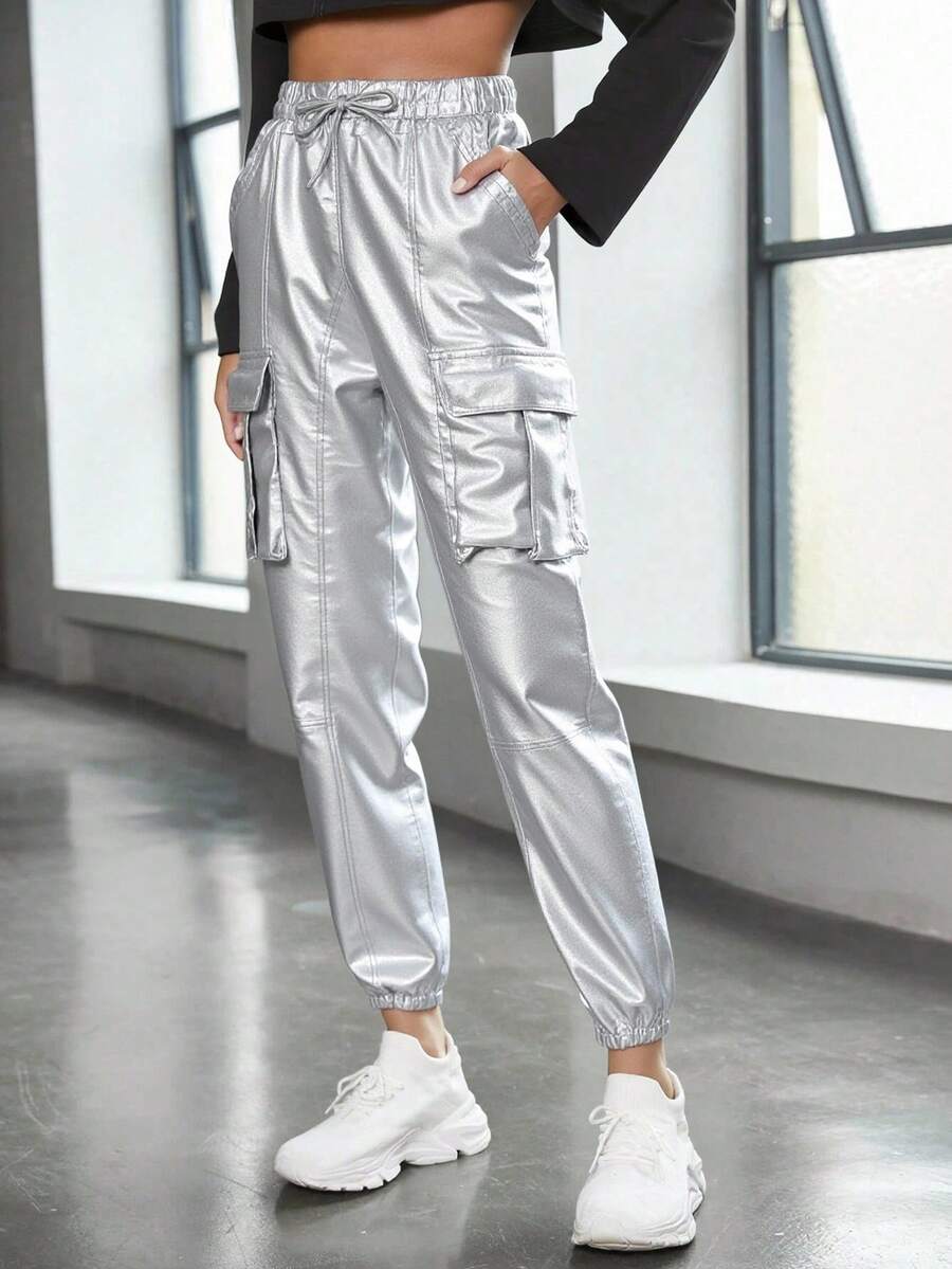 1  Liso    Casual  Fiesta  Elegante  Sexy  Dulce    Bolsillo  Cintura con volante  Cordón    Noche de fiesta  Vacaciones  Diario  Formal y de noche  Despedida de soltera  Trajes de aeropuerto  Concierto de música country  fiesta del té  viaje   Pantalones de carga casuales de unicolor, con diseño de múltiples bolsillos y cintura elástica, ideales para el transporte diario