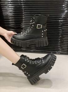 女式2025厚底休闲踝靴，系带，粗跟，防滑 - 黑色 - 查看 6