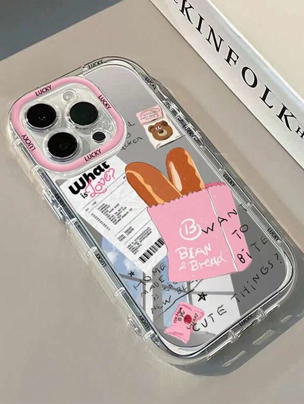 1pc Bear Bread Logo Mirror Makeup Phone Case With Mirror 1.5mm Hollow PC Hard Case All-Inclusive Airbag Anti-Fall Creative Lens Ring Comfortable Independent Electroplated Button, Suitable For IPhone 16 Pro Max/15 Plus/14/13/12/11/16E, Gift For Girlfriend, Best Friend
