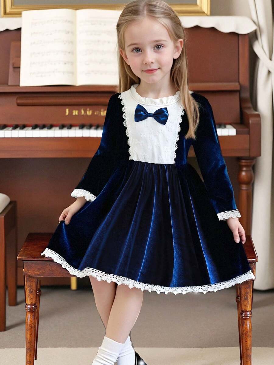 Elegant Girls' Dress With Ruffled Collar, Bowknot Decor, Long Sleeve, Suitable For Party, Casual Wear, Princess Style, Spring & Autumn - 寶藍色 - 查看 1