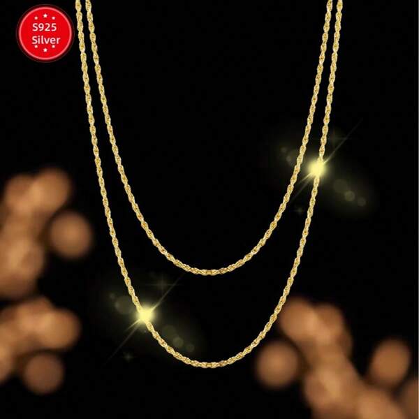 1pc Gold S925 Silver Necklace, Men's Twist Chain Necklace, Casual Hip-Hop Clavicle Chain, Simple Couple Chain Without Pendant, Gift For Boyfriend Birthday/Anniversary