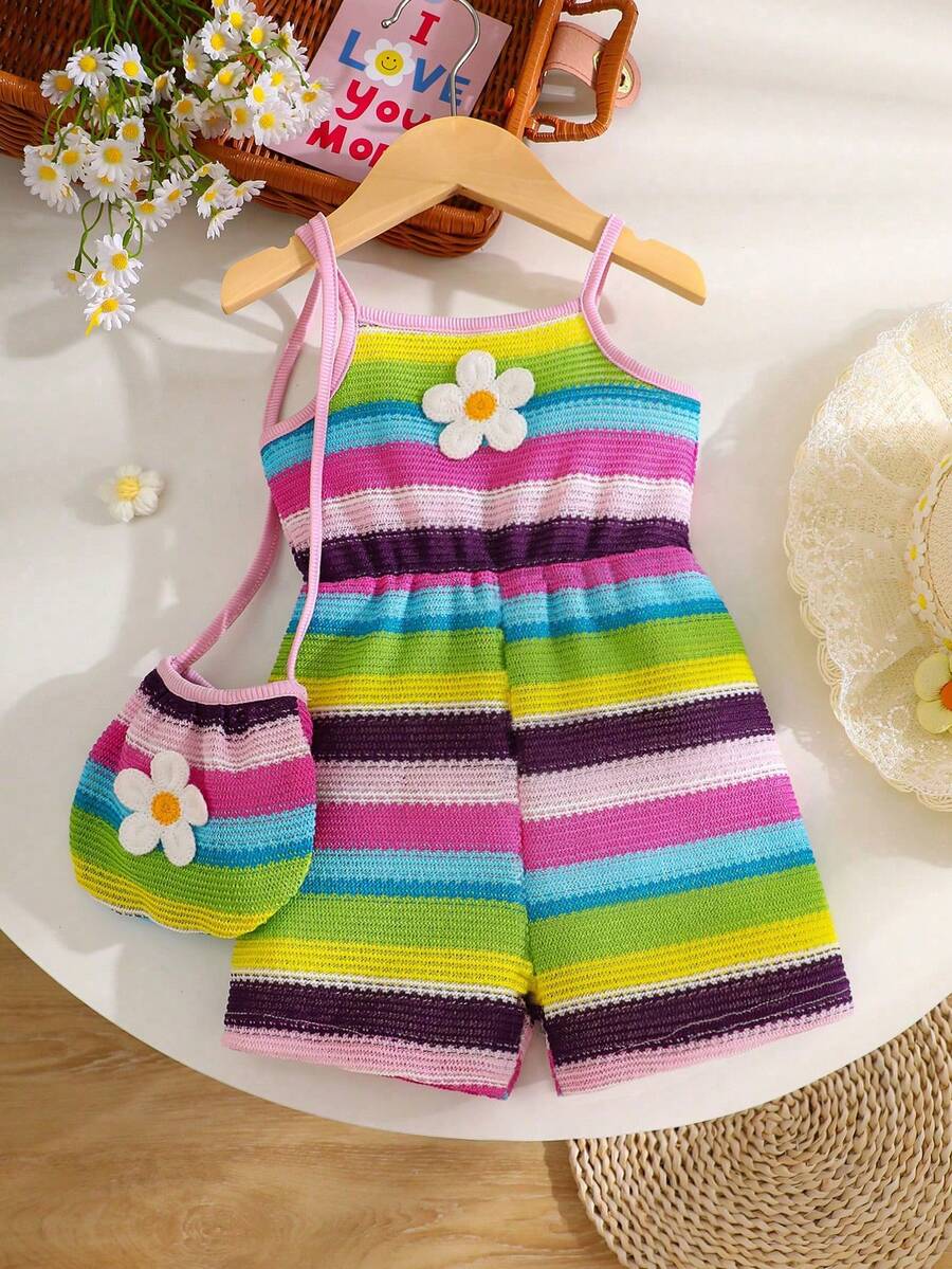 Baby Girls' Casual Beach Style Fashionable Cute Floral & Striped Print Romper Jumpsuit With Shoulder Bag, Spring/Summer - Multicolor - View 1