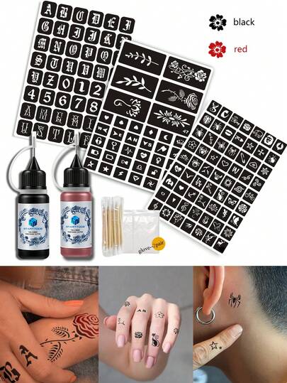 纹身模板和墨水膏组合套装（纹身模板 + 纹身墨水膏），男女多图案临时纹身套装，适用于手指、手腕、肩膀、颈部、锁骨，防水防污