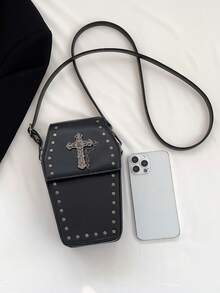 Y2K 甜美酷炫小众设计斜挎包，十字架和链条装饰，铆钉搞怪复古极具魅力的特殊造型手机包，哥特朋克个性单肩包，适合万圣节派对角色扮演装扮 - 黑色 - 查看 10