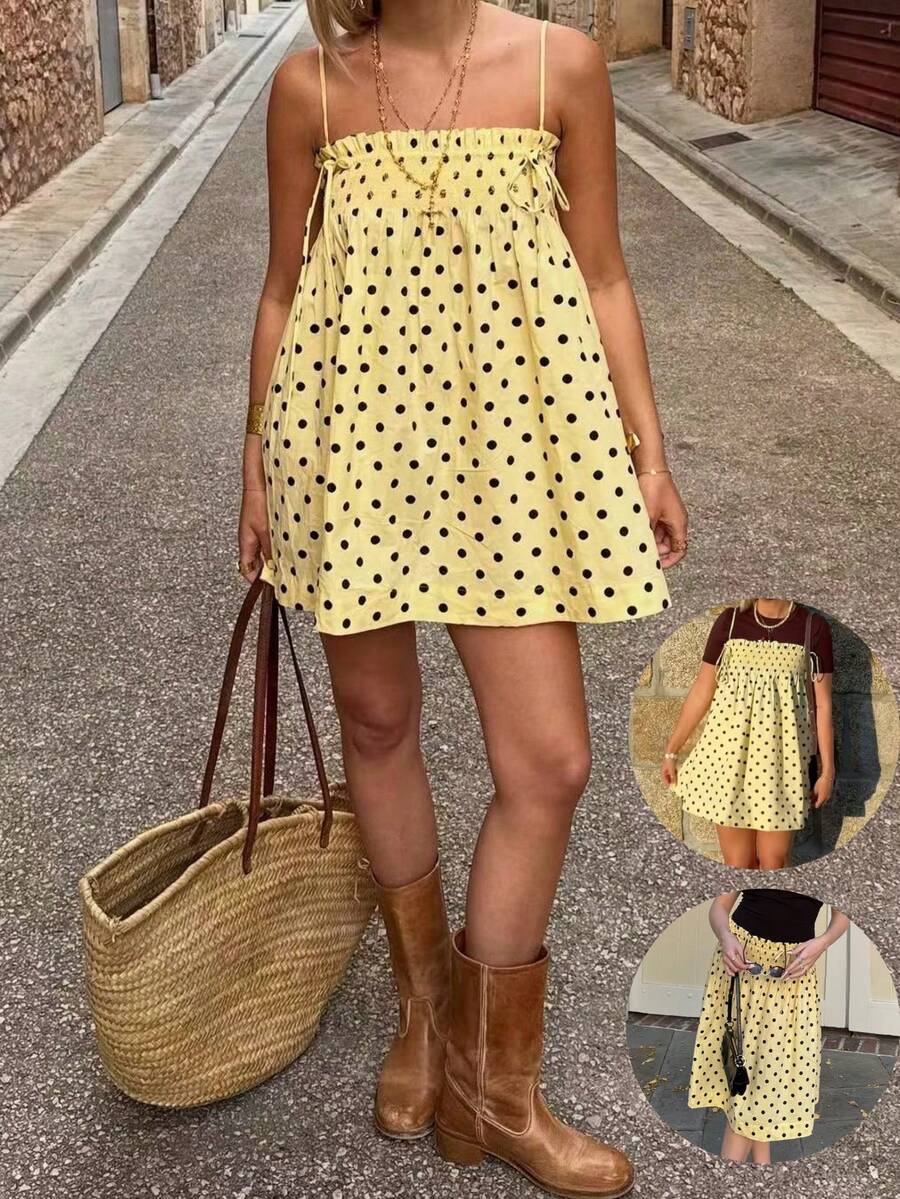 Vintage Polka Dot All Over Print Bohemian Casual Pleated Elastic Waist Ruffle Hem Cami Mini Dress Or Skirt With Styling Versatility - Màu vàng - Xem 1