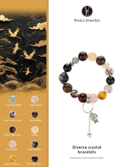  [VE] 1 pieza Pulsera de plata de ley 925 de alta calidad con cristales naturales multigemmes que incluyen cuarzo rosa, ojo de tigre, atrae riqueza y suerte. Combinada con obsidiana negra, supersiete, ojo de tigre dorado, ojo de tigre amarillo, ojo de tigre azul. Apta para uno mismo, mejor amigo, novia, mamá. Color de la joyería asignado al azar, unisex.