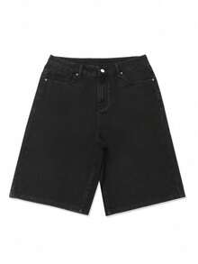 男士百搭纯色休闲宽松牛仔短裤，街头潮流，夏季 - 黑色 - 查看 4