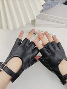 1 双女士个性化时尚假日暗黑朋克摇滚露指手套，铆钉皮革镶嵌，适合户外音乐节派对夏季 - 黑色 - 查看 5