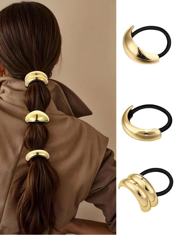 1pc/3pcs Gold Metal Hair Bands, Metallic Geometric Elastic Hair Ties, 8 Styles For Women Hair Accessories. Elegant Concave Gold Metal Hair Hoops - Semi Circle Ponytail Clips, Suitable For Women, Great Christmas Gift