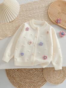 Young Girl Floral Applique Front Button Long Sleeve Cardigan, Autumn/Winter
