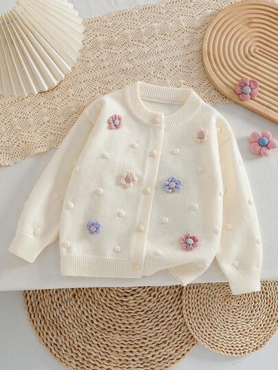Young Girl Floral Applique Front Button Long Sleeve Cardigan, Autumn/Winter