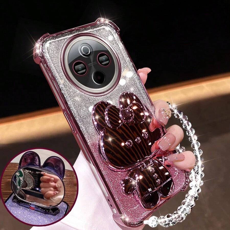 兼容 6/7/8/X/XS/XR/11/12/13/14/15/16/16e、Galaxy S22/23/24/25/S24 FE/S25 EDGE、A04/05/06/A07/A14/A15/A16/A17/A24/A25/A34、Redmi Note 9/10/11/12/13、Redmi 9/10/12/13C 14C、OPPO、MOTO、荣耀 X、HW、Realme C53 C55 C61 C63 C75。四角闪粉手机壳，带旋转支架、水晶腕带和内置渐变闪粉卡纸。可拆卸二合一外壳，防水、防震、防摔、防刮擦。 - 粉色 - 查看 1