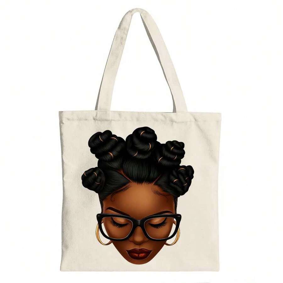 Stylish African American Woman With Curlers And Glasses Canvas Tote Shoulder Bag - 米色 - 查看 1