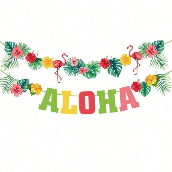 Hawaiian Party Decorations Flamingo Flower Wreath, Hawaiian Luau Tropical Party ALOHA Banner, Summer Beach Birthday Party Decor, Luau Party Supplies, Tropical Theme Summer Beach Pool Party Decorations, Luau Birthday Party Decor