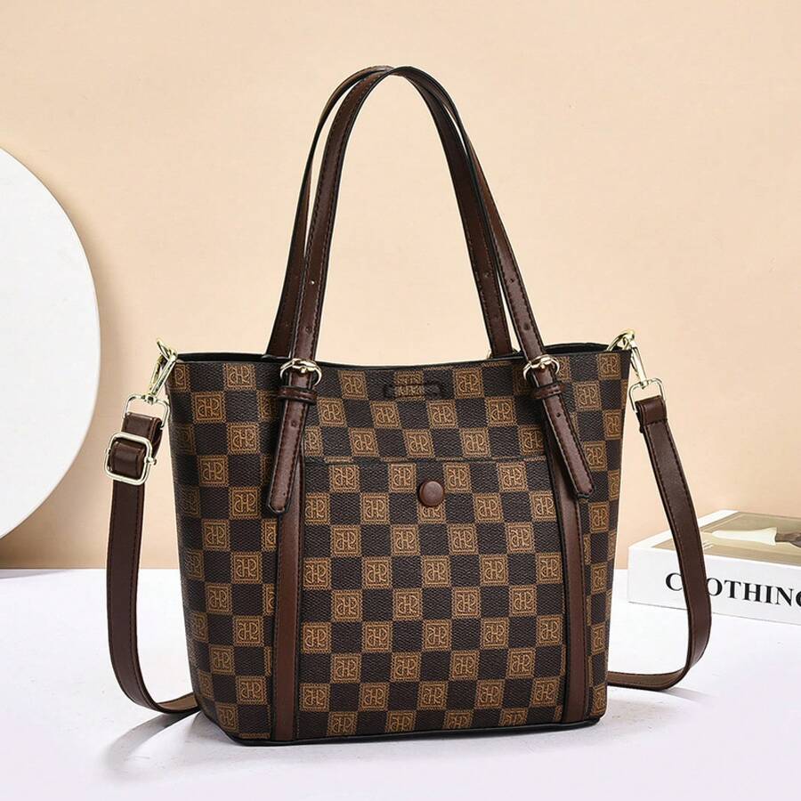 Women Tote Bags - 棋盤格-卡其拼黃 - 查看 1