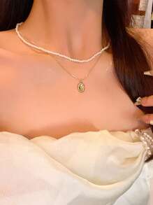 1 Stück Luxus Nische Doppelschicht Perlen Anhänger Halskette, elegante Perlen Choker Halskette, vielseitige Schlüsselbein Kette