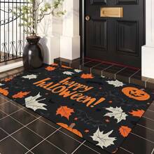 1 capacho com estampa de abóbora de Halloween, fantasma e morcego, veludo cristal 650g + base de silicone TPR, 0,5cm de espessura, carpete pequeno e macio com elementos rústicos do festival de outono, adequado para áreas externas, entrada, sala de estar, quarto, lavanderia, banheiro, lavável à máquina, tapete de entrada pequeno para o ano todo, decoração de casa