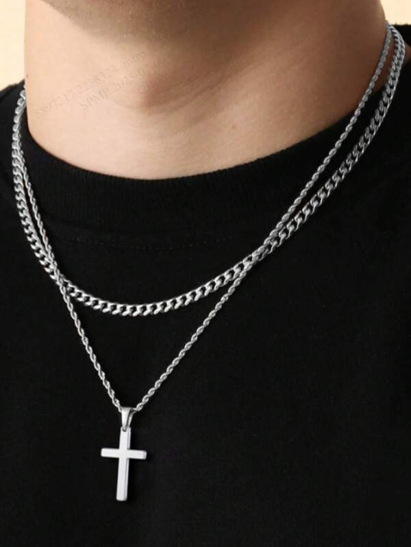 2pcs/Set Stainless Steel Twisted Chain & Cross Pendant Necklace Men Multilayer Necklace Set
