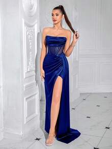 High-Grade Long Skirt Korean Velvet Tube Top Sexy Party Evening Dress Women's Dress - 金色 - 查看 5