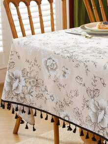 1 件复古黑白花卉流苏桌布，用于咖啡桌、床头柜、家居装饰的装饰罩，适用于餐厅、聚会、晚餐、节日派对、宴会、野餐和露营，四季皆宜