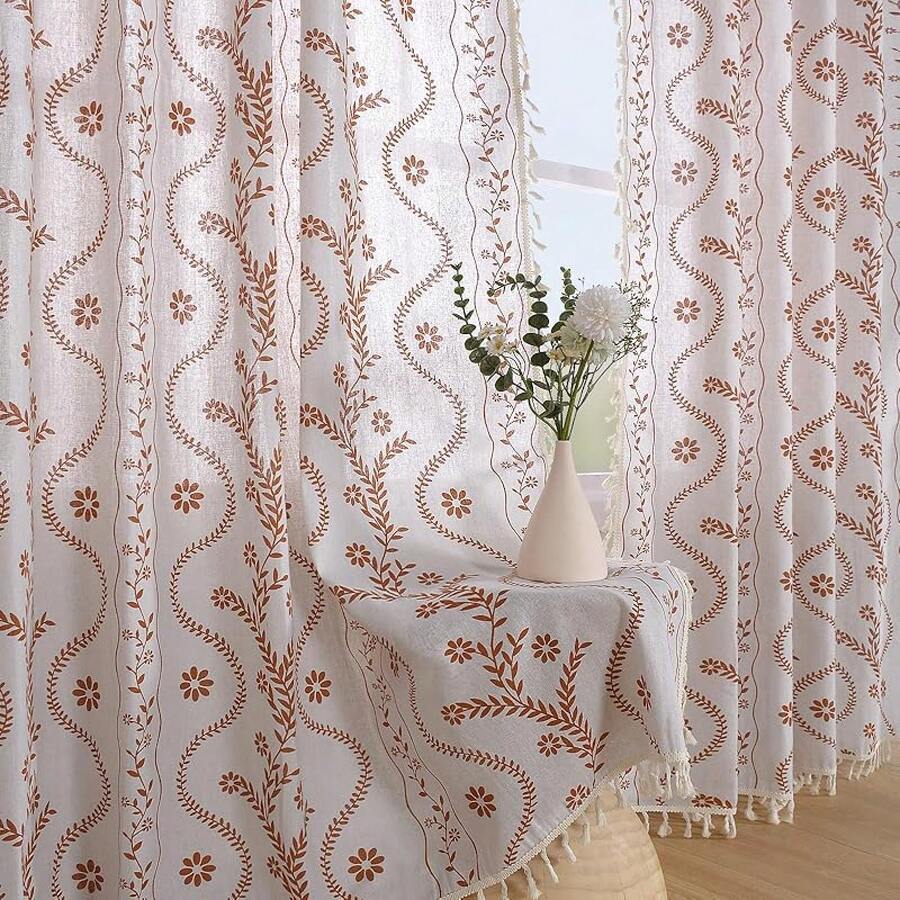 84 Inch Length Boho Farmhouse Curtains Living Room 2 Panels, Linen Semi Sheer Vintage Printed Floral Orange Rustic Curtain Drapes, Terracotta - 赤陶花卉 - 查看 1