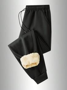 Platform Strict Selection - Men's Winter Casual Sport Running Pants, Adjustable Waist Drawstring Solid Color Long Pants, Suitable For Gym Workouts, Running, Training, Etc. - Black - View 2