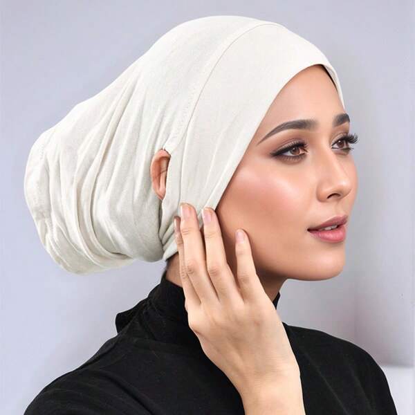 1pc Silky Cotton Beanie Hat With Ear Holes, Women's Fashion Solid Color Chemo Cap, Versatile Headwear