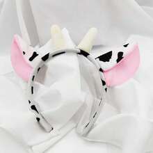 1个卡通牛角发箍，毛绒动物头饰，可爱牛耳朵发箍，女士发带，秋季发饰，秋冬季配饰，女士头饰发箍 - 黑與白 - 查看 6