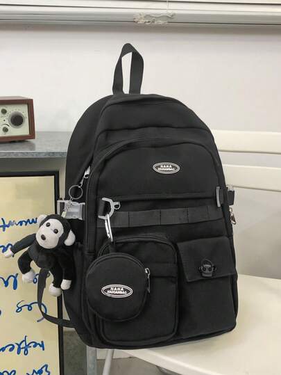 Unisex Solid Color Large Capacity One-Handed Zipper Top Nylon College Fashion Backpack, Suitable For Students. The Backpack Shown Is A Smaller Version, Please Check The Size And Purchase According To Your Needs. The Small Pendant In The Picture Is Also Available For Purchase. School Bags