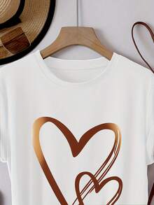 Women's Heart-Shaped Print Casual Sweatshirt T-Shirt - Soft And Comfortable, Round Neck Short Sleeve - Suitable For All Seasons, Women's Fashion