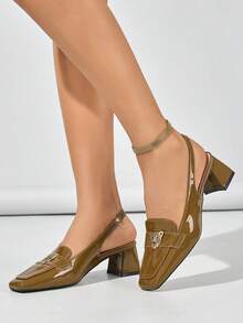 French Style Closed Toe New Elegant Solid Color Low Vamp Women's Chunky Heel Sandals - Khaki - View 3