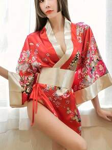 Japanese Style Pajamas Floral Print Cosplay Costume, Satin Pajamas With Belt, Women's Sexy Lingerie And Underwear - 黑色 - 查看 1