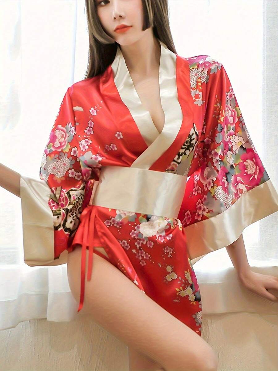 Japanese Style Pajamas Floral Print Cosplay Costume, Satin Pajamas With Belt, Women's Sexy Lingerie And Underwear - 黑色 - 查看 1