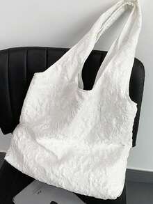 Stylish Floral Textured Tote Bag – Floral Tote Bag, Black Shoulder Bag, Large Capacity Bag, Women's Work Bag, Commuter Bag, Fabric Tote, Textured Handbag, Reusable Shopping Bag, Elegant Daily Bag, Minimalist Tote, Chic Canvas Bag, Teacher Gift Bag, Teen Girl Bag, Stylish Carryall, Office Bag Large Capacity Shoulder Bag For Work, School, Or Daily Use - Black - View 5