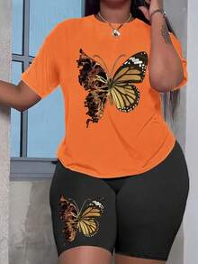 大码蝴蝶印花套装、休闲短袖T恤和紧身短裤，女士服装 - 橘色 - 查看 8