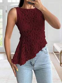 Women Lace Tank Top, Sleeveless Tops Crew Neck Irregular Slim Fit Summer Clubwear For Daily Party - 酒紅色 - 查看 1