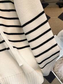 秋冬撞色条纹学院风双面拉链连帽休闲宽松针织开衫 - 白色 - 查看 8