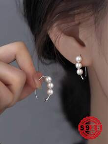 1pc S925 Sterling Silver Hook Pearl Earrings, Silver/Gold Color Stud Earrings, Minimalist High-End Elegant French Design, Suitable For Pierced Ears, Daily Wear, Valentine's Day Gift, Comes With Delicate Gift Box - Silver - View 2