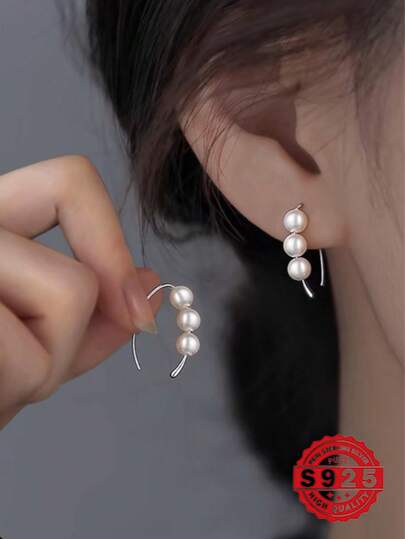 1pc S925 Sterling Silver Hook Pearl Earrings, Silver/Gold Color Stud Earrings, Minimalist High-End Elegant French Design, Suitable For Pierced Ears, Daily Wear, Valentine's Day Gift, Comes With Delicate Gift Box