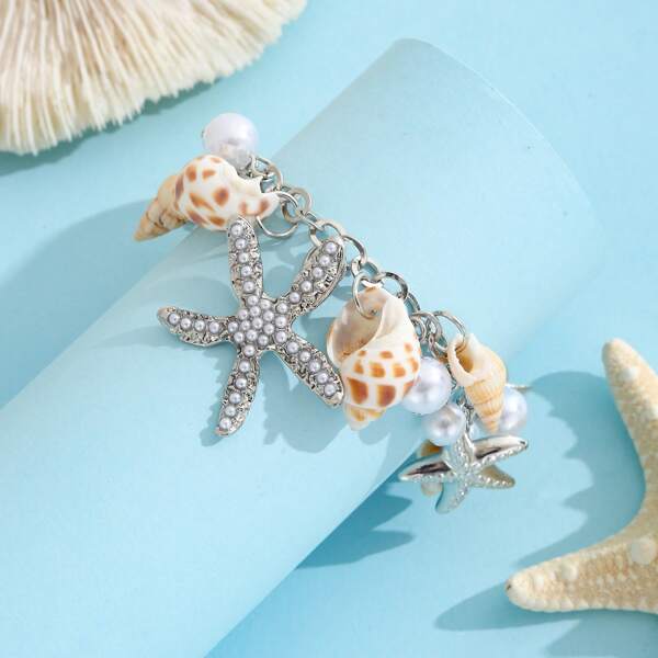 1pc Fashion Niche Ocean Style Faux Pearl & Shell Decor Starfish Pendant Anklet, Perfect For Summer Beach Party, Gift, Daily Wear Jewelry
