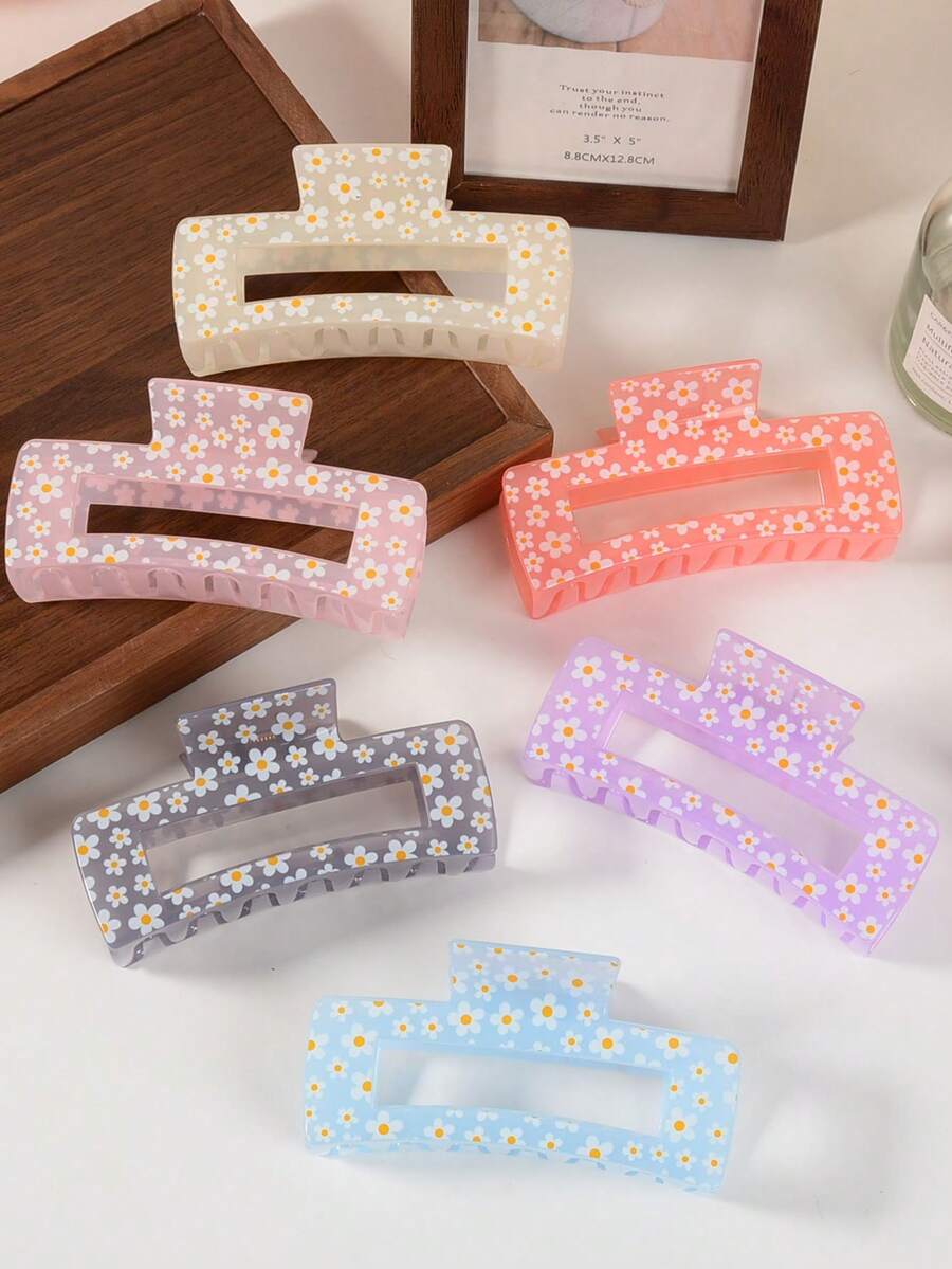 1/6 件时尚简约豹纹，心形和花朵设计大号防滑发夹，强力固定发夹，适合稀疏和浓密的头发，女士发饰 - 彩色 - 查看 1