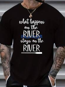 [Machine Washable Round Neck Shirt] Stylish Plus Size Men's T-Shirt With Unique Letter Print - Casual, Breathable Polyester, Round Neck, Machine Washable - Perfect For All Seasons, PLUS SIZE - Black - View 2