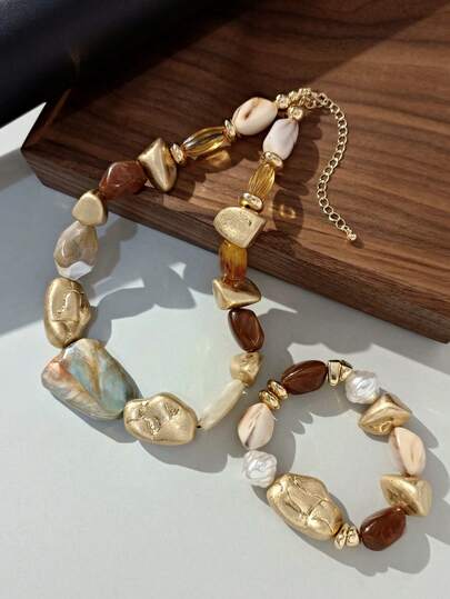 LADYCOCO 2pcs Vintage Bohemian Exaggerated Resin Beaded Necklace And Bracelet Set, Suitable For Women