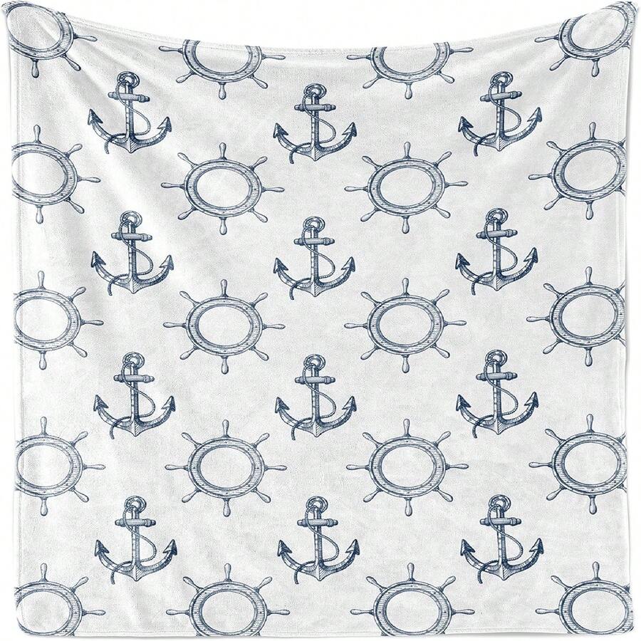 Lunarable Ships Wheel Throw Blanket, Anchors And Steering Wheels Pattern Pirates Sailors Marine Themed Print, Flannel Fleece Accent Piece Soft Couch Cover For Adults, 50 X 70, Night Blue White.Jpg - Black - View 1